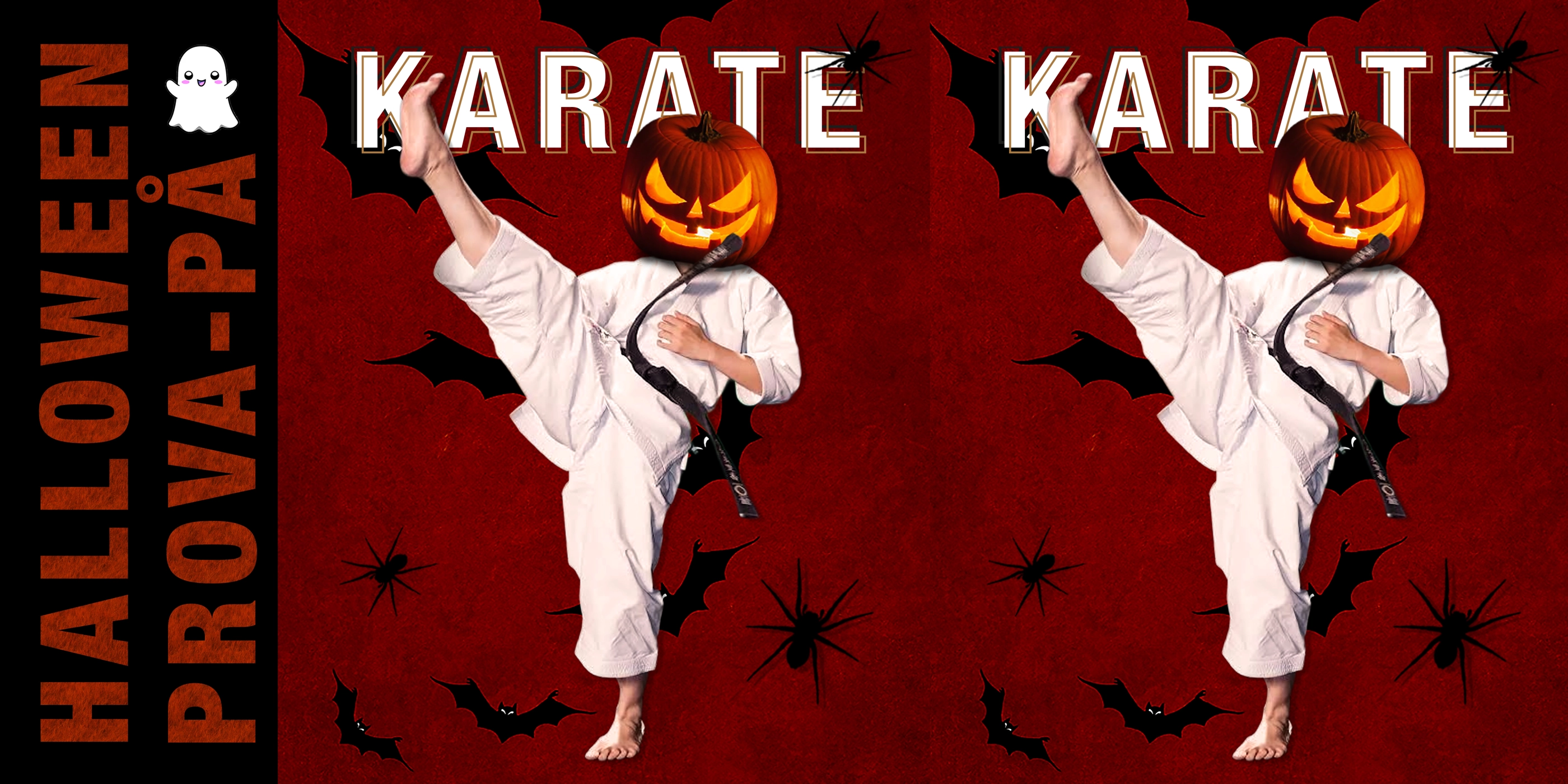 En affisch med en person i en karateposition och halloweenpumpa över huvudet.